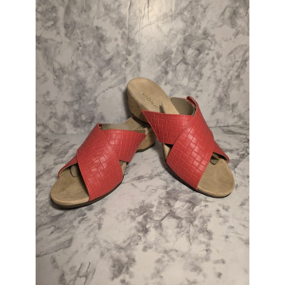 Vionic Leticia Cork Wedge Sandal Women Sz 8 Cross Strap Coral Slip On Shoes